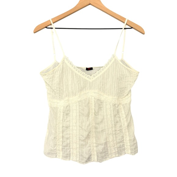 Unbranded Tops - Y2K Camisole Tank Top‎ Women Large White Lace Trim Pleated Adjustable Strap